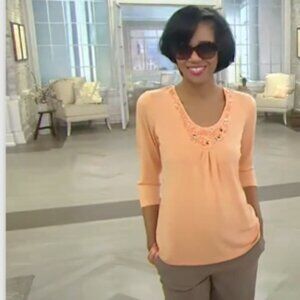 Susan Graver U-Neck Embellished 3/4 Sleeve Top M